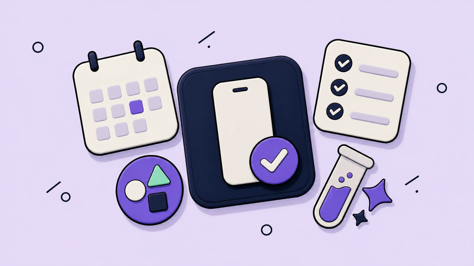 Lavender sticker-collage of an Android 16 launch checklist with a phone, API 36 badge, calendar, and testing cards