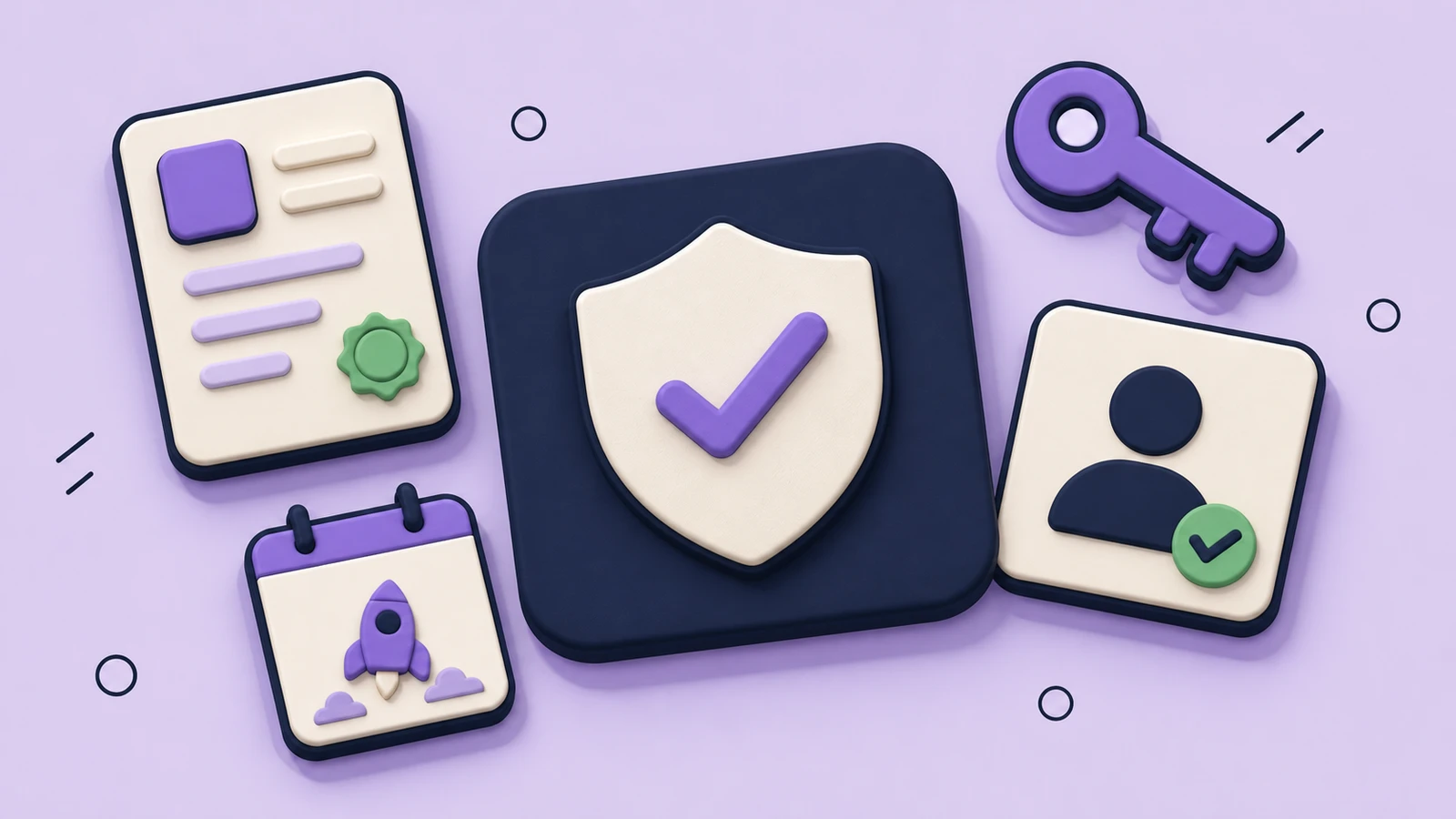 Lavender sticker-collage of Android developer verification with a shield, verified checkmark, app package card, and September calendar