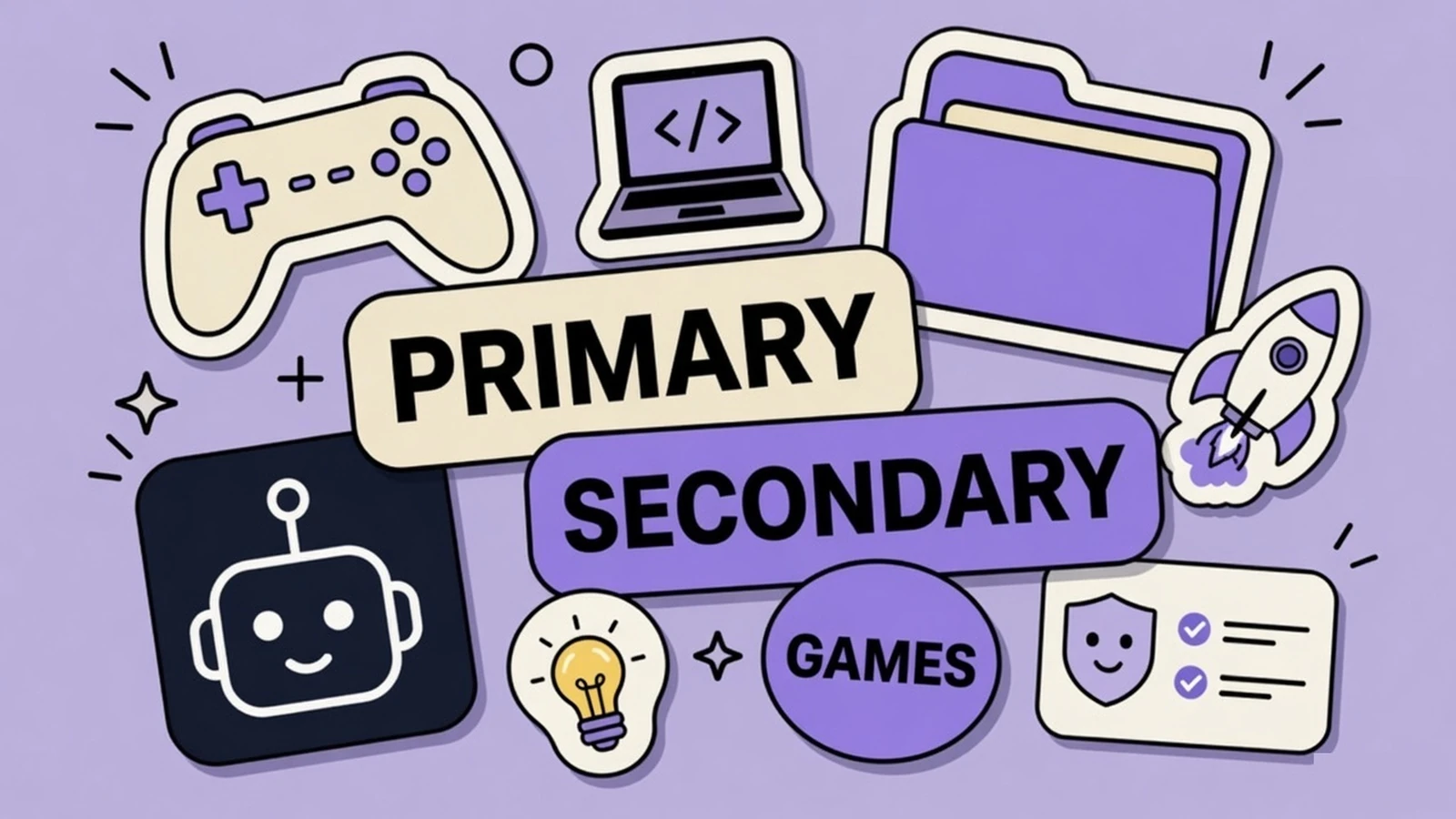 Lavender sticker collage of an App Store category picker with primary and secondary labels