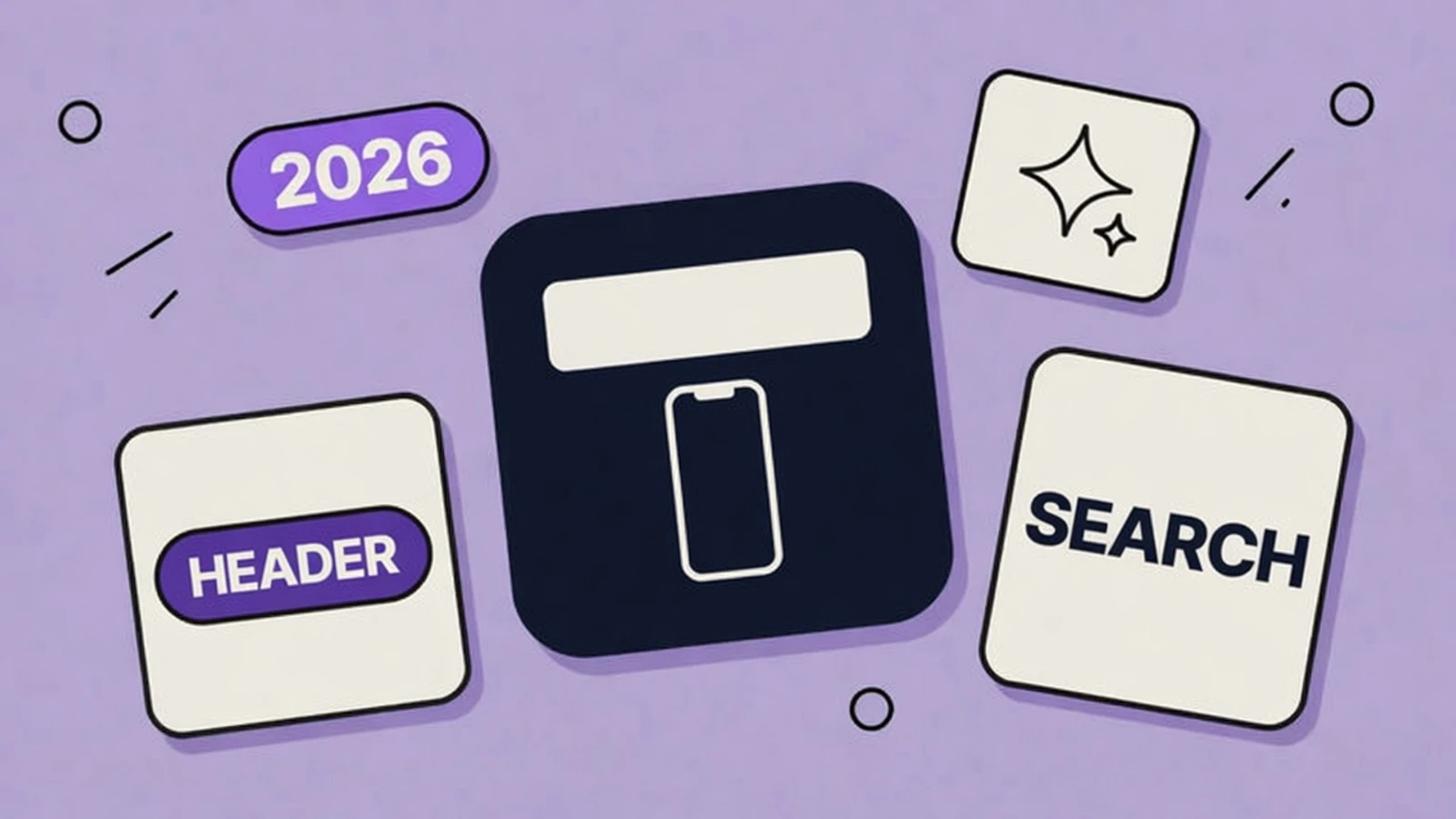 Lavender sticker-collage of App Store Creative Assets with a header banner, SEARCH card, HEADER card, and 2026 pill