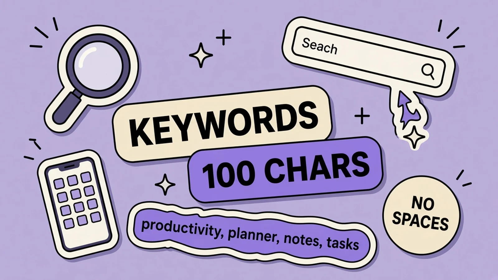 Lavender sticker collage of an App Store search bar, a trail-map pin, a scorecard, and stickers reading AUTOCOMPLETE, REVIEWS, and 160 CHARS