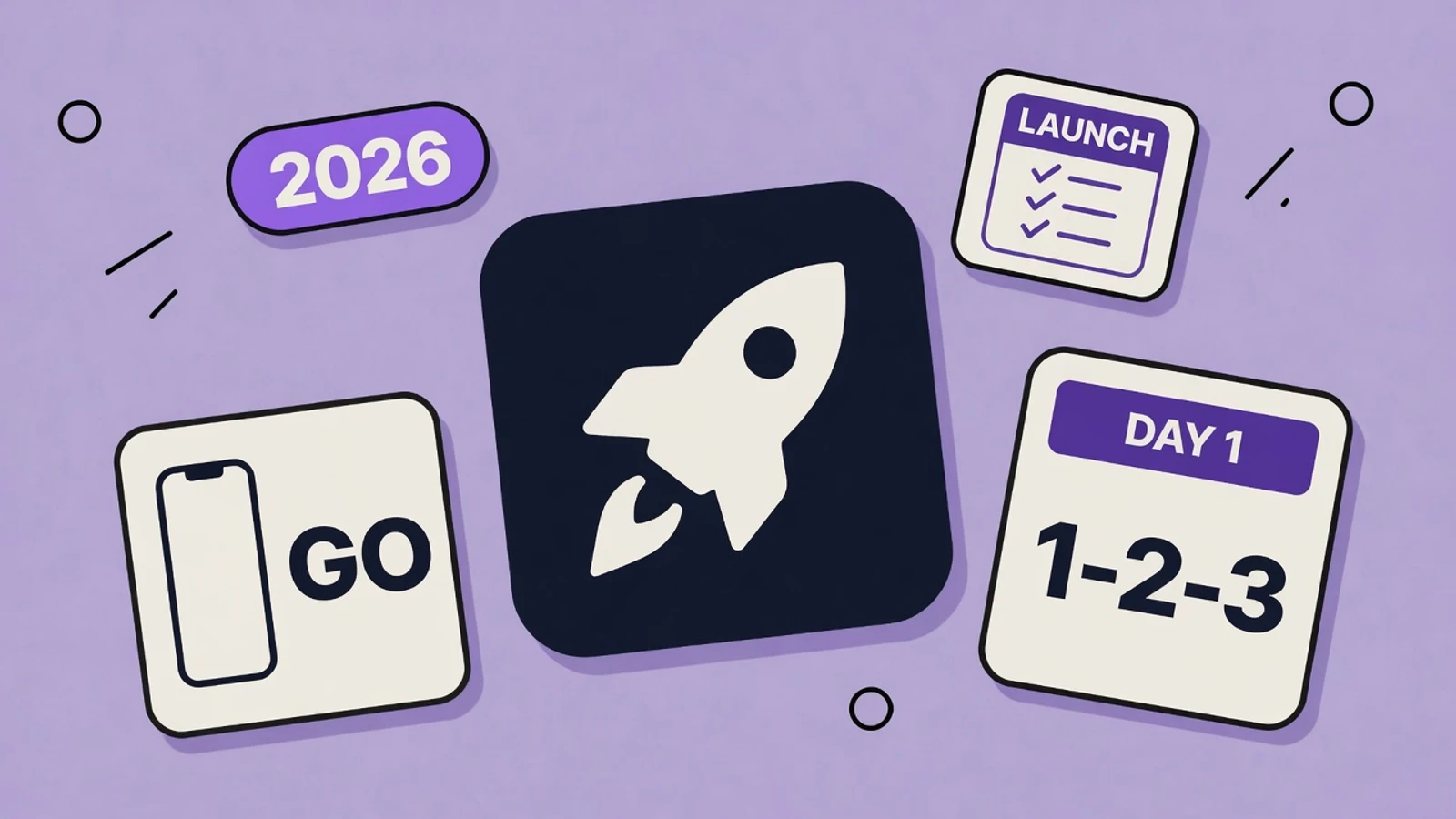 Lavender sticker-collage illustration of an App Store launch checklist with a rocket, GO card, launch list, and day-one 1-2-3 steps