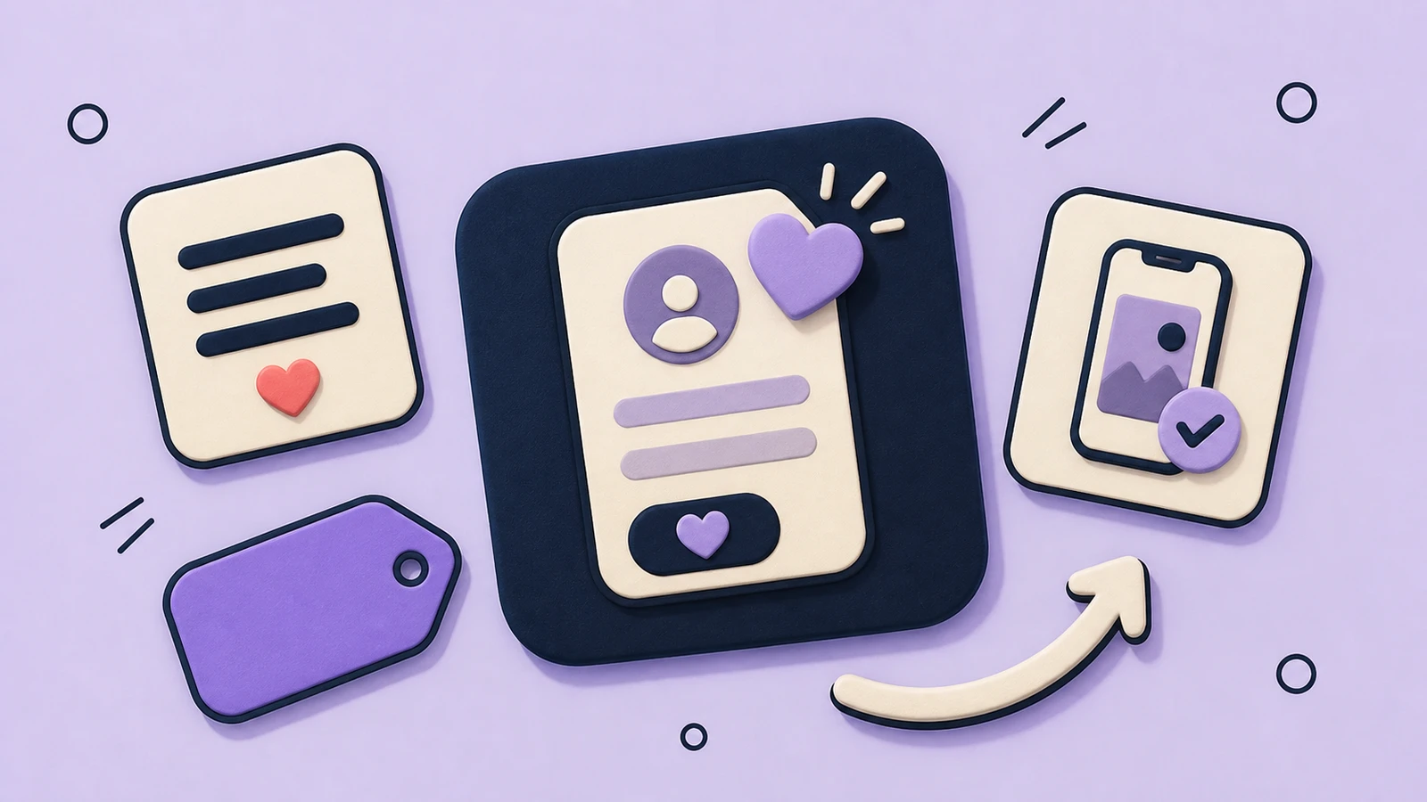 Lavender sticker-collage of App Store Retention Messaging with a subscription card, heart, image tile, and keep-or-cancel choice