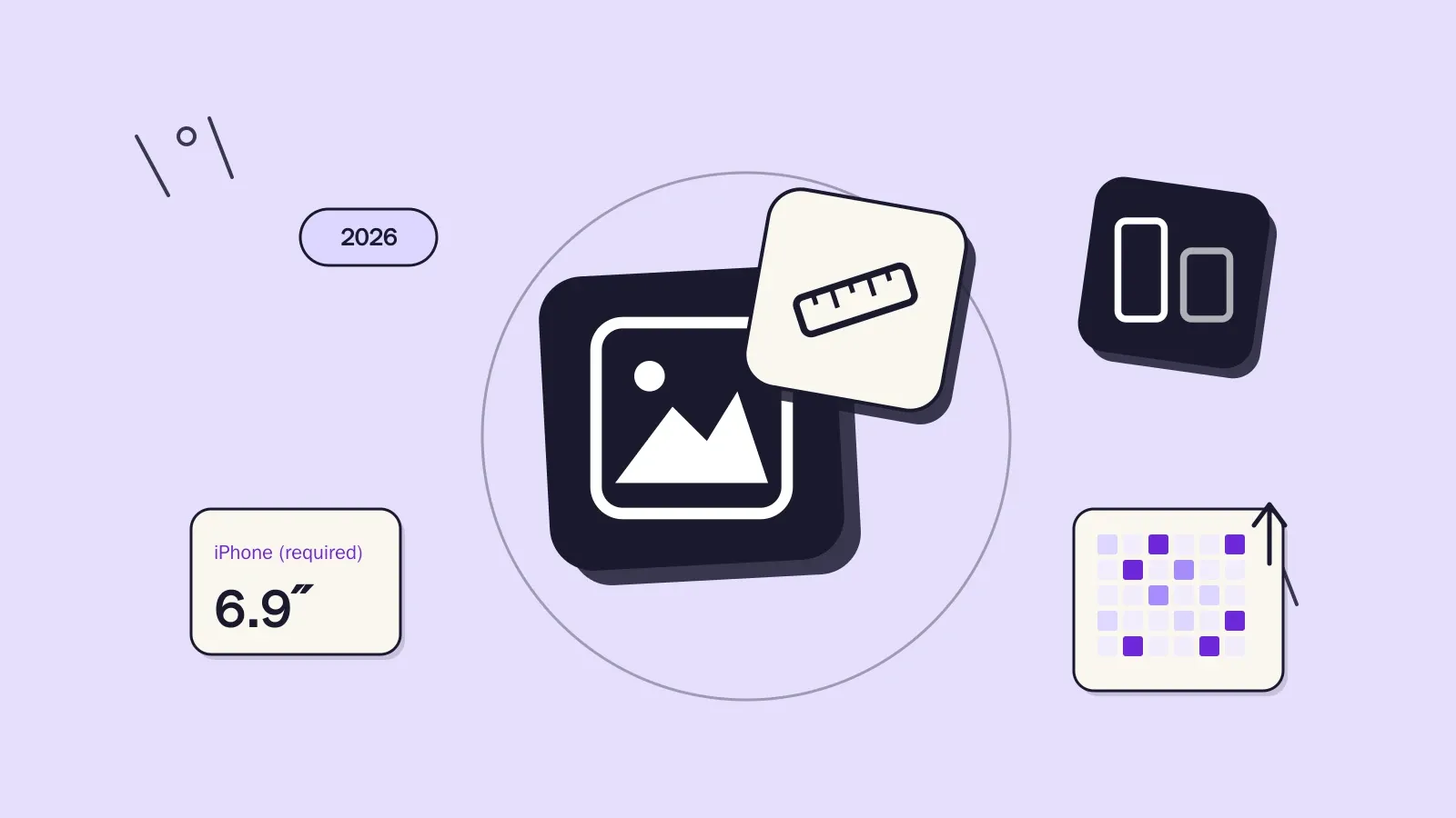 App Store and Google Play screenshot size reference chart for iPhone, iPad, and Android devices