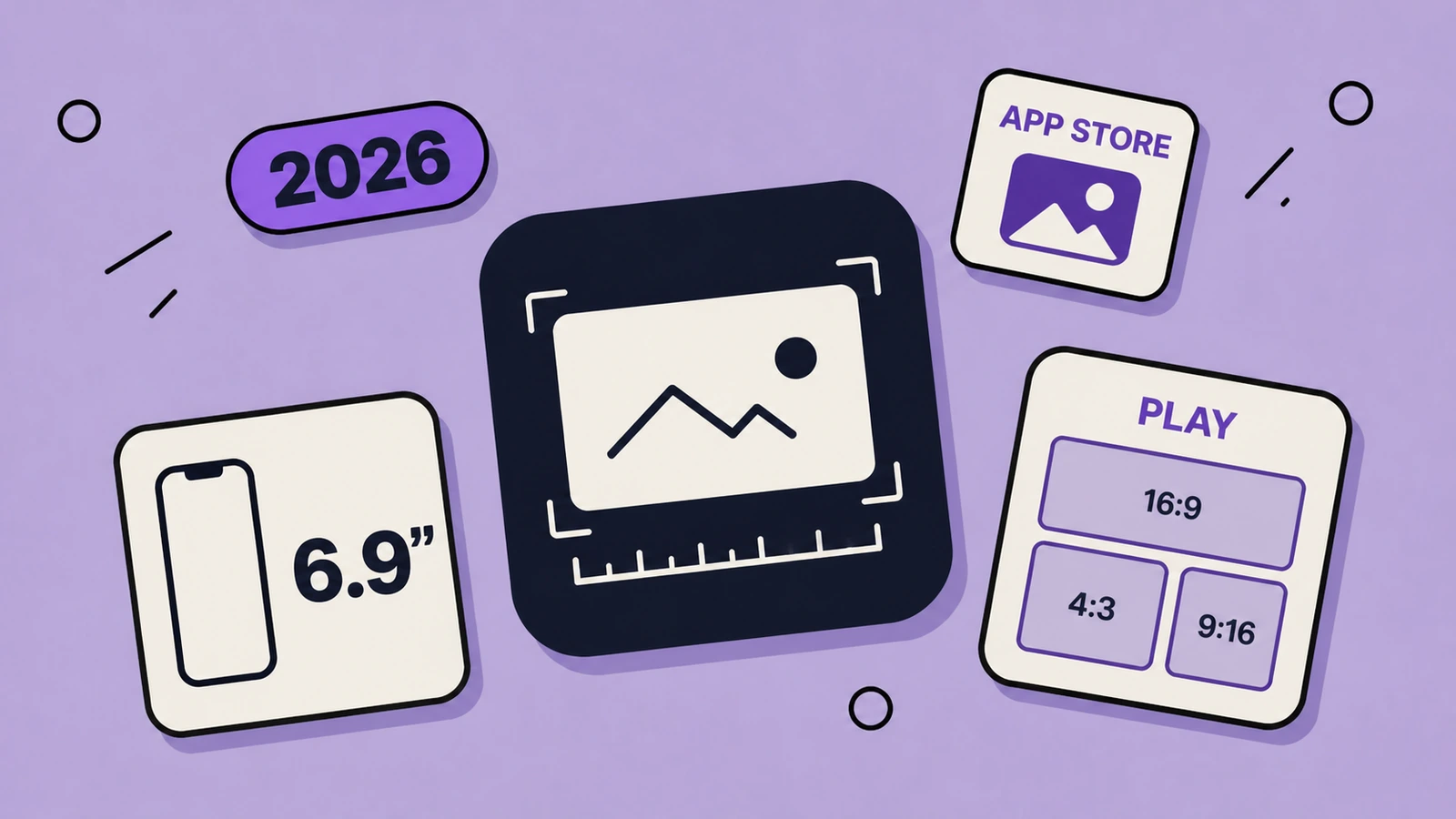 App Store and Google Play screenshot size reference chart for iPhone, iPad, and Android devices