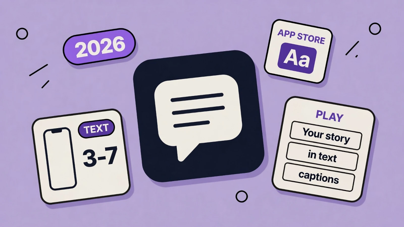 Lavender sticker-collage illustration of App Store screenshot captions with a speech bubble, 3-7 word text card, and stacked caption lines