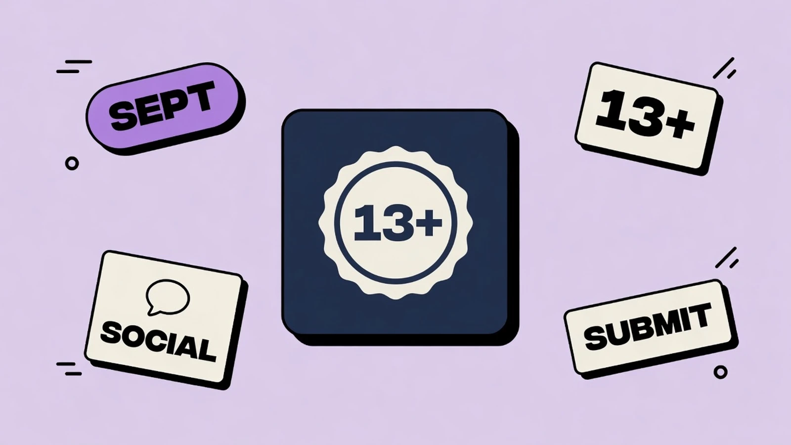 Lavender sticker-collage of App Store social media questions with FEED, 13+, SEPT 2026, SOCIAL, SHARE, and SUBMIT cards