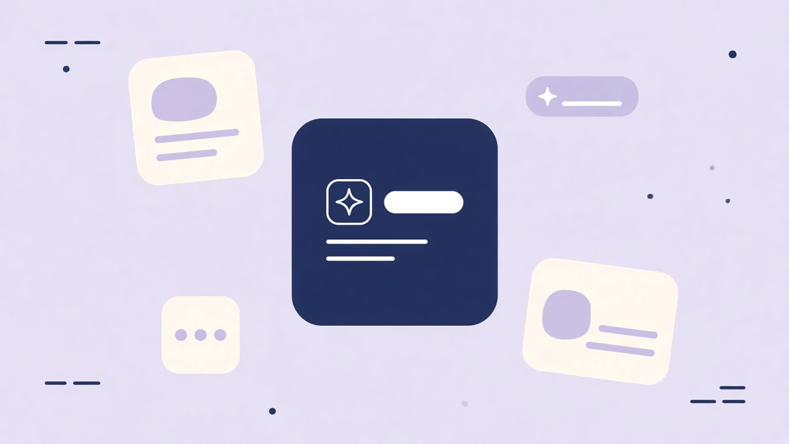 Lavender editorial thumbnail of an app listing card with a name line and short subtitle under it