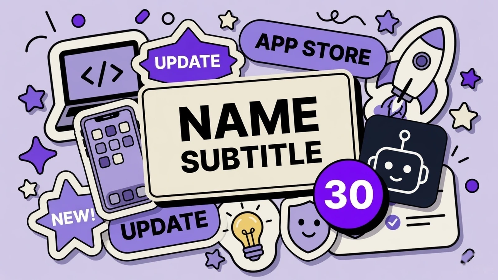 Lavender editorial thumbnail of an app listing card with a name line and short subtitle under it