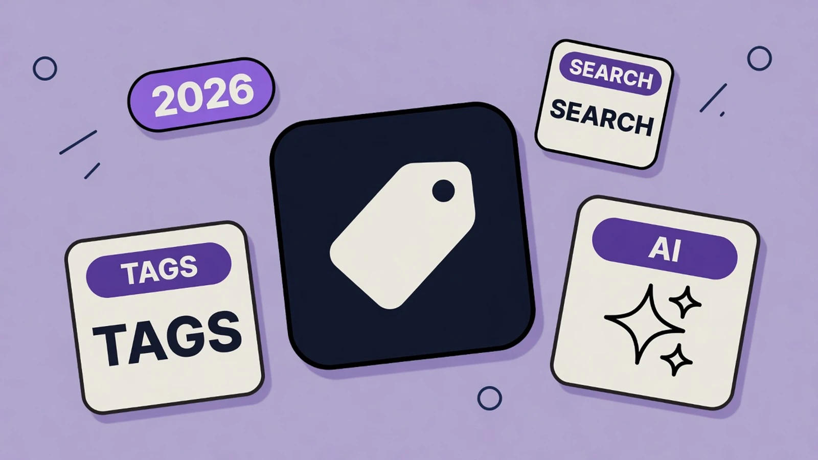 Lavender sticker-collage of App Store Tags with a price-tag icon, TAGS card, SEARCH card, and AI sparkles