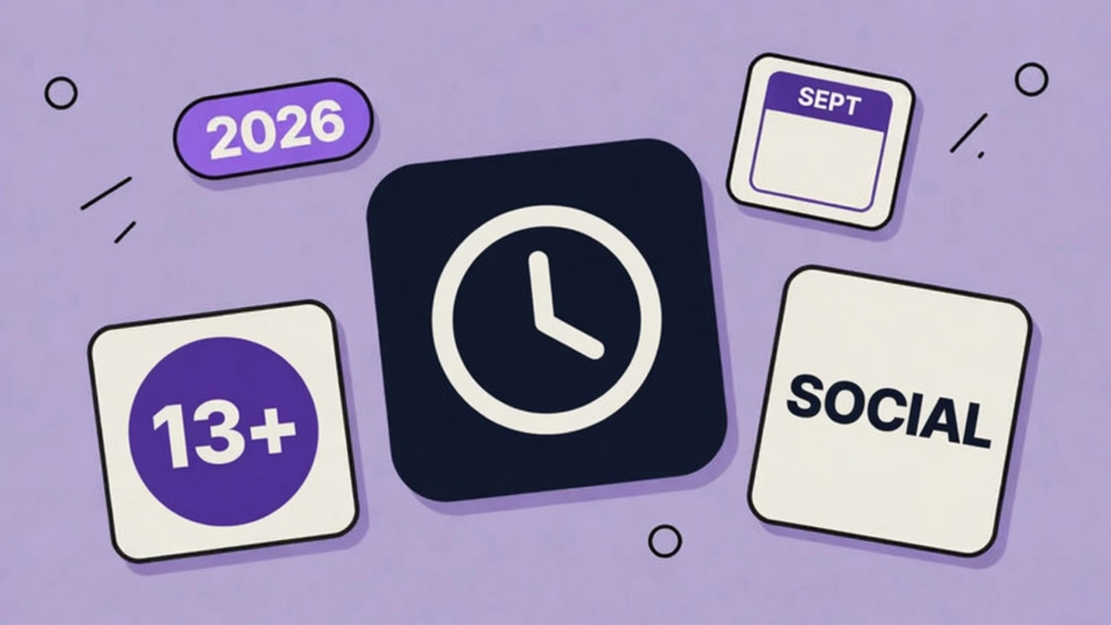 Lavender sticker-collage of App Store Time Allowances with a clock tile, 13+ badge, SOCIAL card, and SEPT deadline