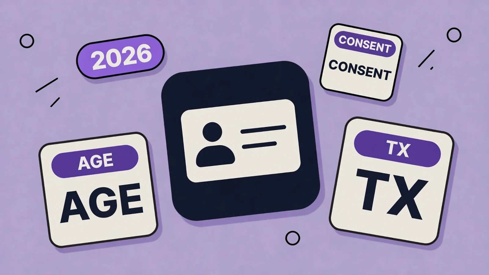 Lavender sticker-collage of Apple Declared Age Range with an ID card, AGE tile, CONSENT card, and TX badge