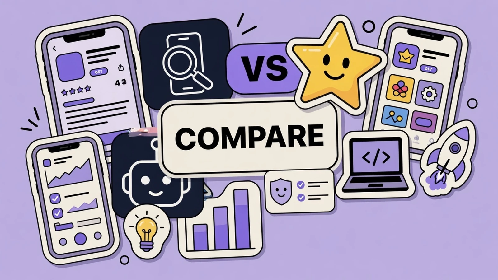 Lavender sticker collage of phone frames, a COMPARE label, and a star for App Store screenshot generators
