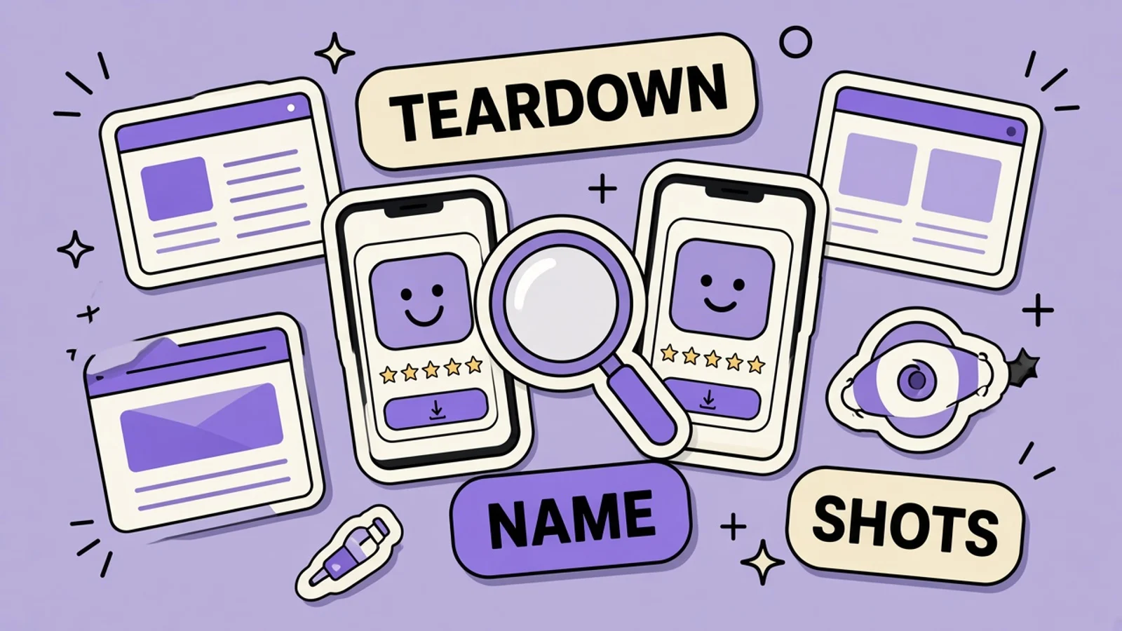 Lavender sticker collage of a recipe card, a servings dial, and listing-teardown stickers for name, subtitle, screenshots, and a locked keyword field