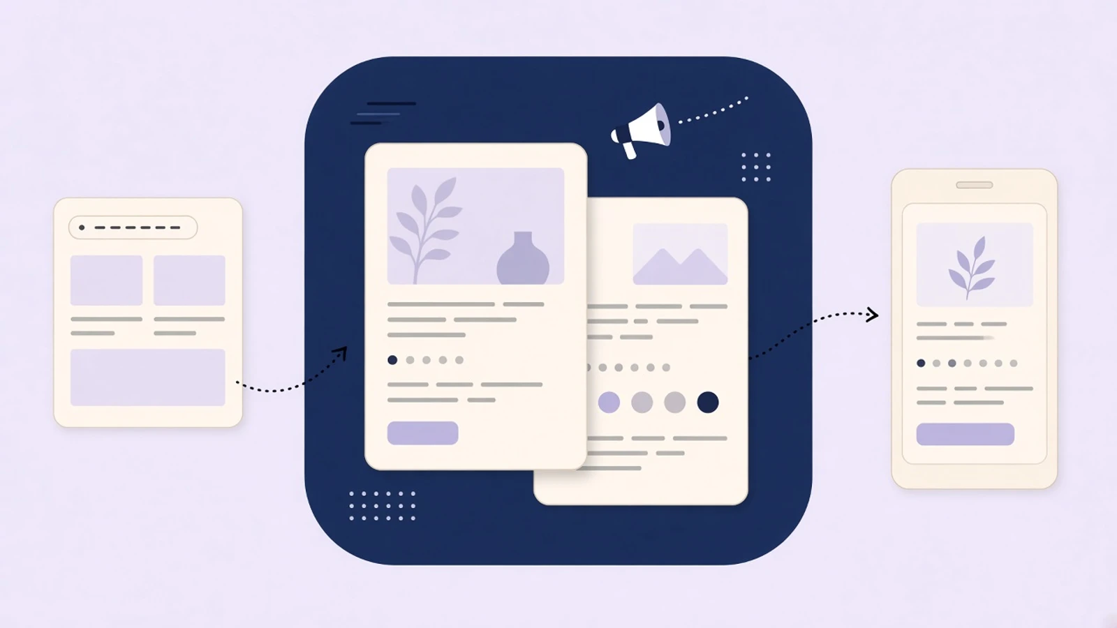 Lavender editorial thumbnail of two overlapping product pages pointing to a phone listing with a megaphone