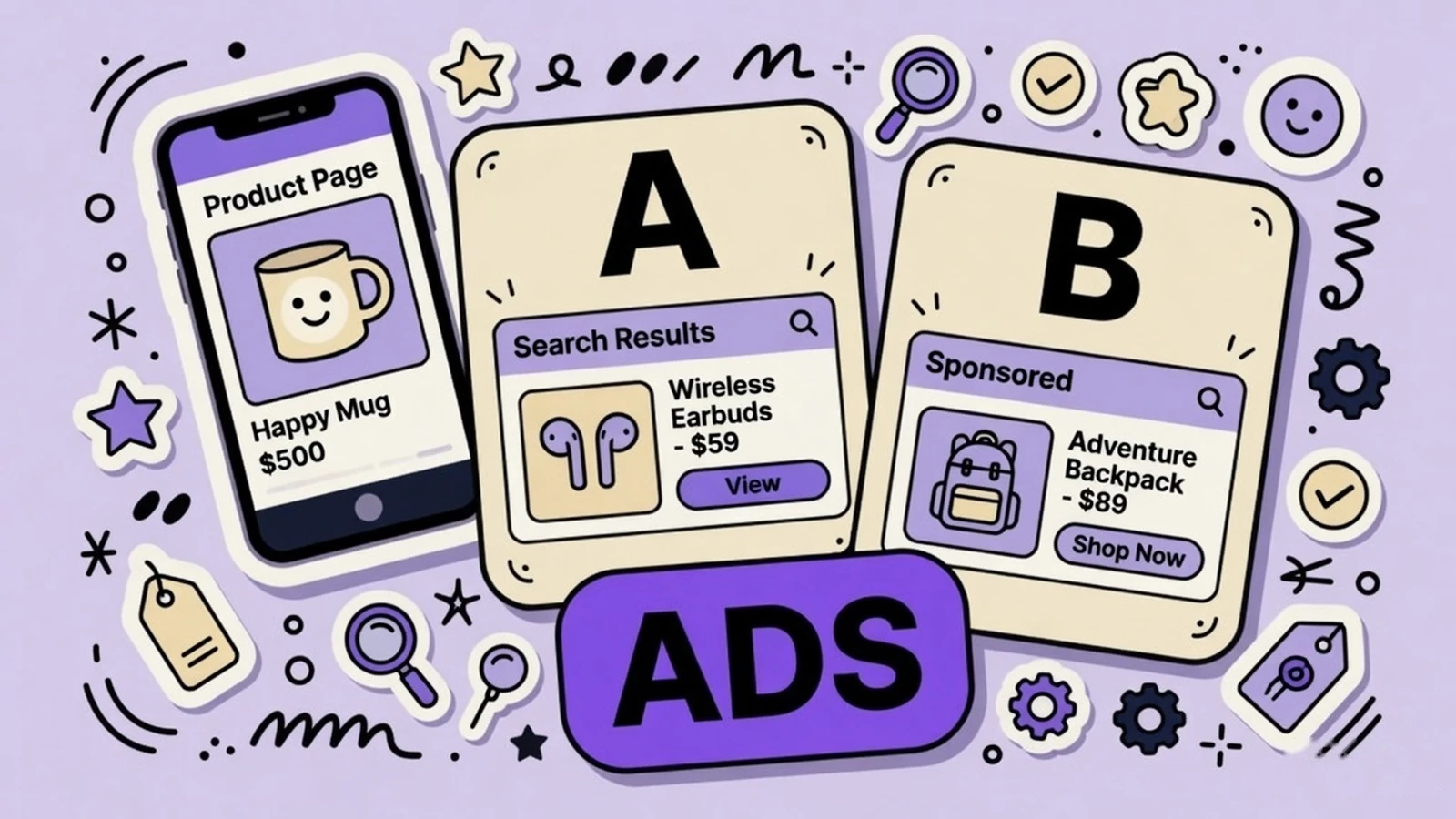 Lavender editorial thumbnail of two overlapping product pages pointing to a phone listing with a megaphone