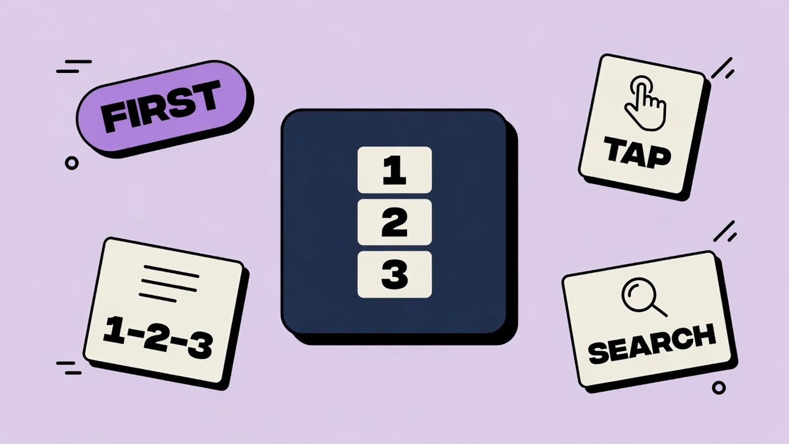 Lavender sticker-collage of the first three App Store screenshots with SEARCH, FRAME 1, JOB, AHA, PROOF, and TAP cards