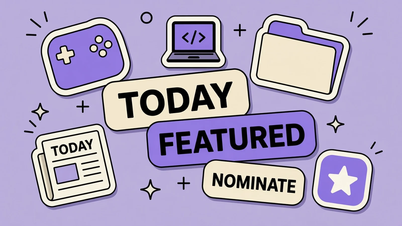 Editorial desk reviewing a puzzle-game product page, a weekly tournament card, and a featuring nomination form