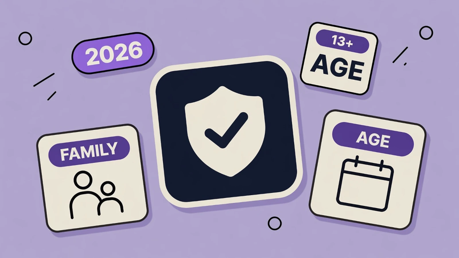 Lavender sticker-collage of Google Play Age Signals with a shield check, FAMILY card, 13+ AGE badge, and calendar