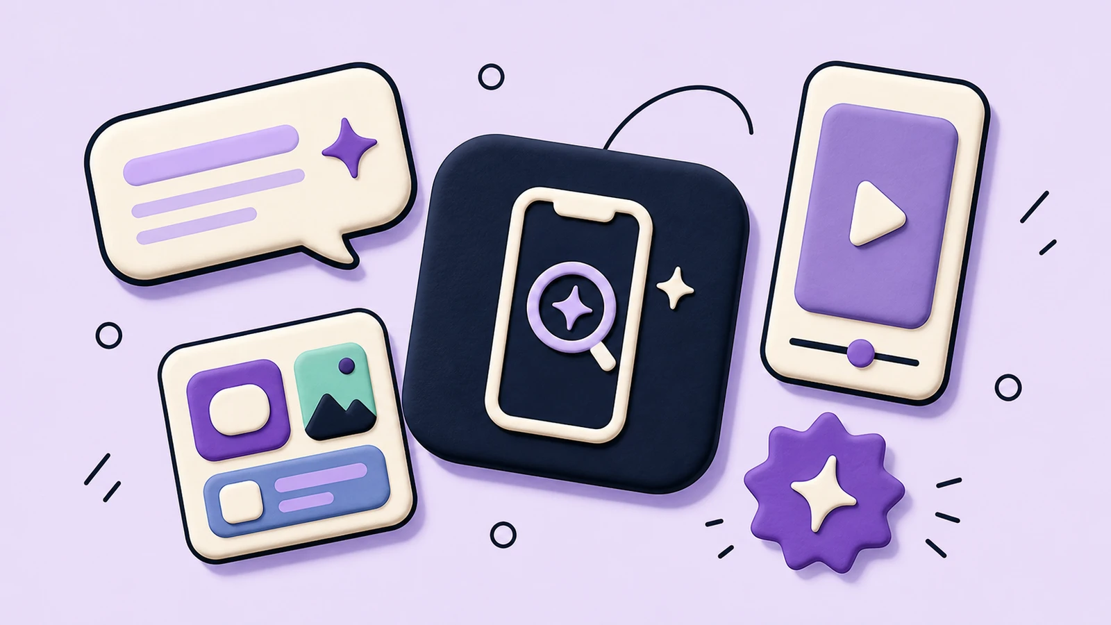Lavender sticker-collage of Google Play AI discovery with a Gemini sparkle, search prompt, short video card, and app screenshots