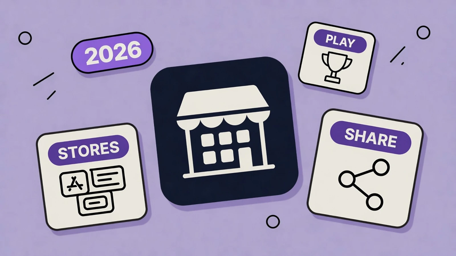 Lavender sticker-collage of Google Play catalog access with a storefront, STORES card, PLAY trophy, and SHARE network