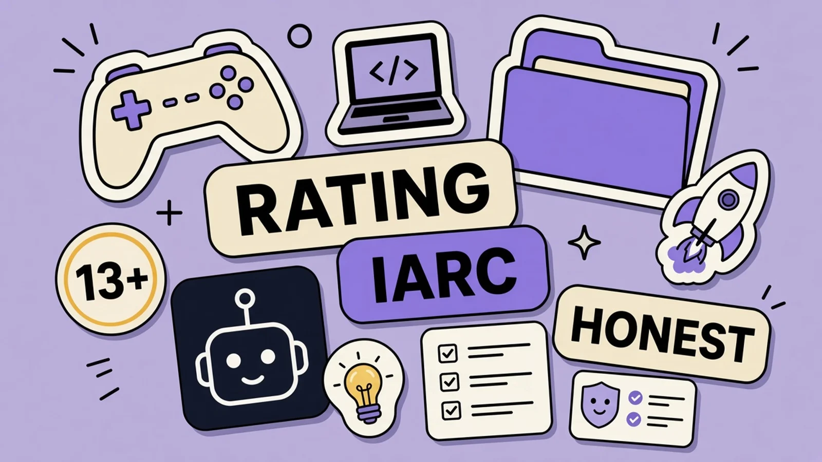 Chat app store listing beside an IARC content rating questionnaire and different age badges for several countries