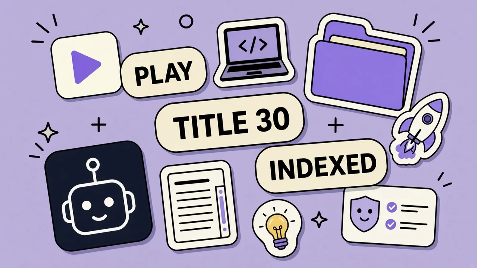 Lavender sticker collage of a Play Store listing with title, short description, and full description stickers plus an invoice and a 30-character ruler