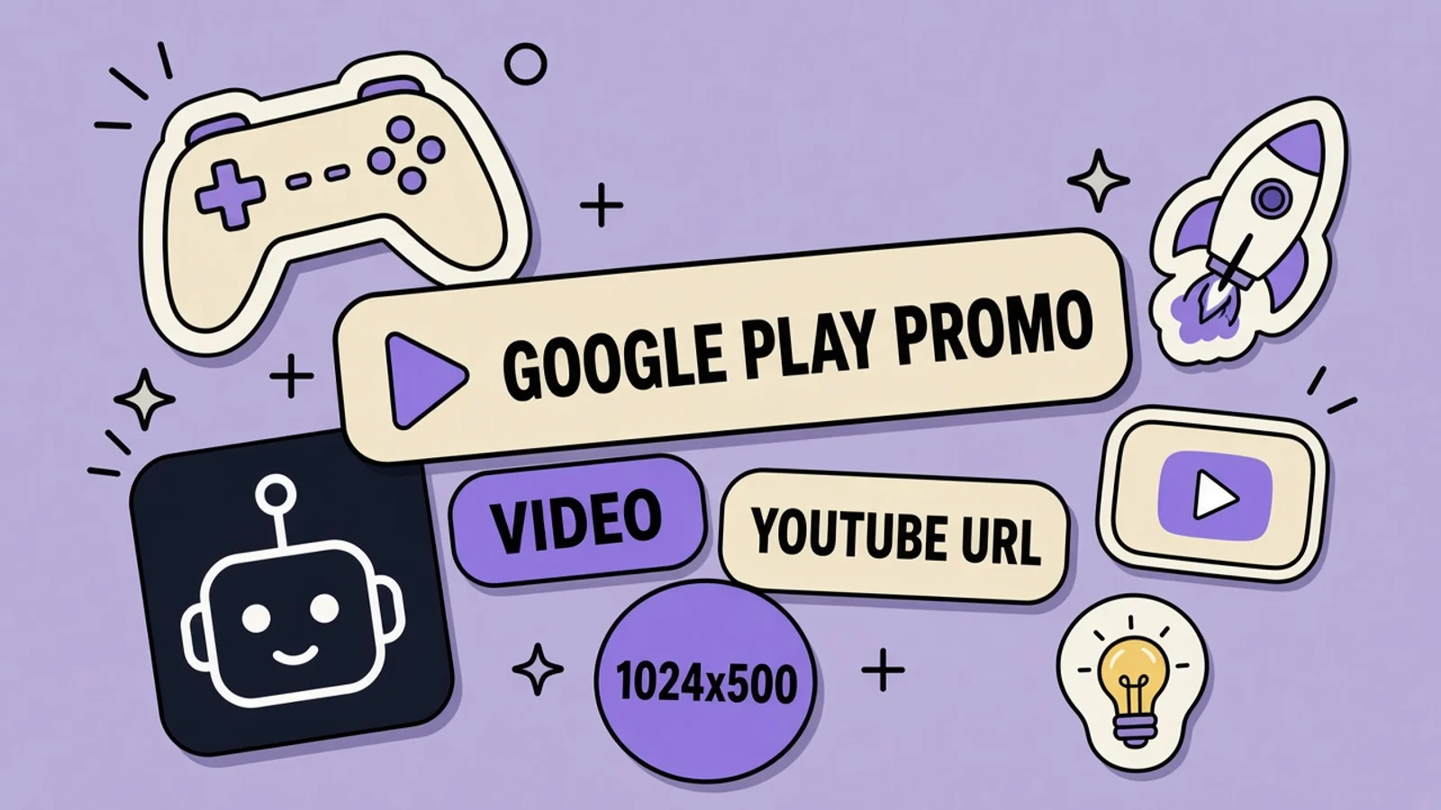 Kids story app scene playing under a play button on a 1024 by 500 feature graphic