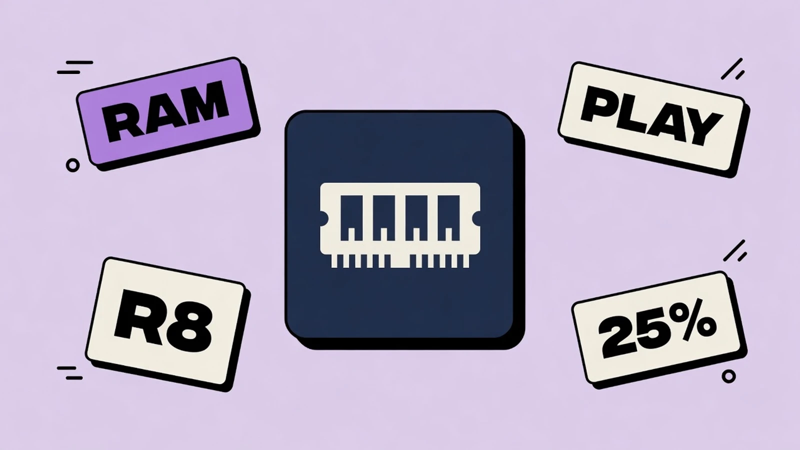 Lavender sticker-collage of Google Play quality requirements with MEMORY, BITMAP, R8 25%, FEB 2027, and ZERO-TAP stickers