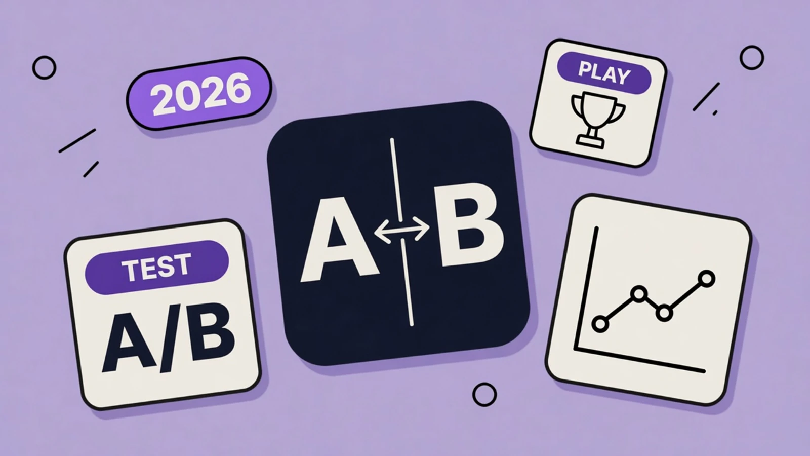 Lavender sticker-collage illustration of a Google Play A/B listing experiment with a TEST card, A versus B split, trophy, and conversion chart