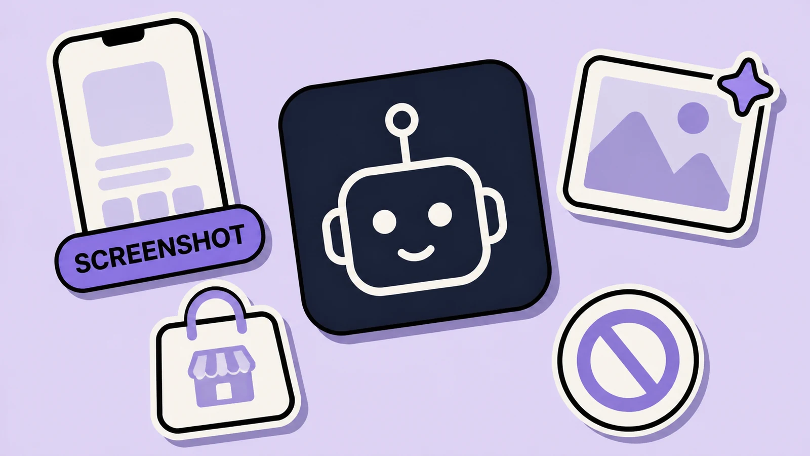 Lavender sticker-collage of Grok Bot App Store screenshots with a phone tile, REAL UI pill, CAPTION card, and EXPORT card