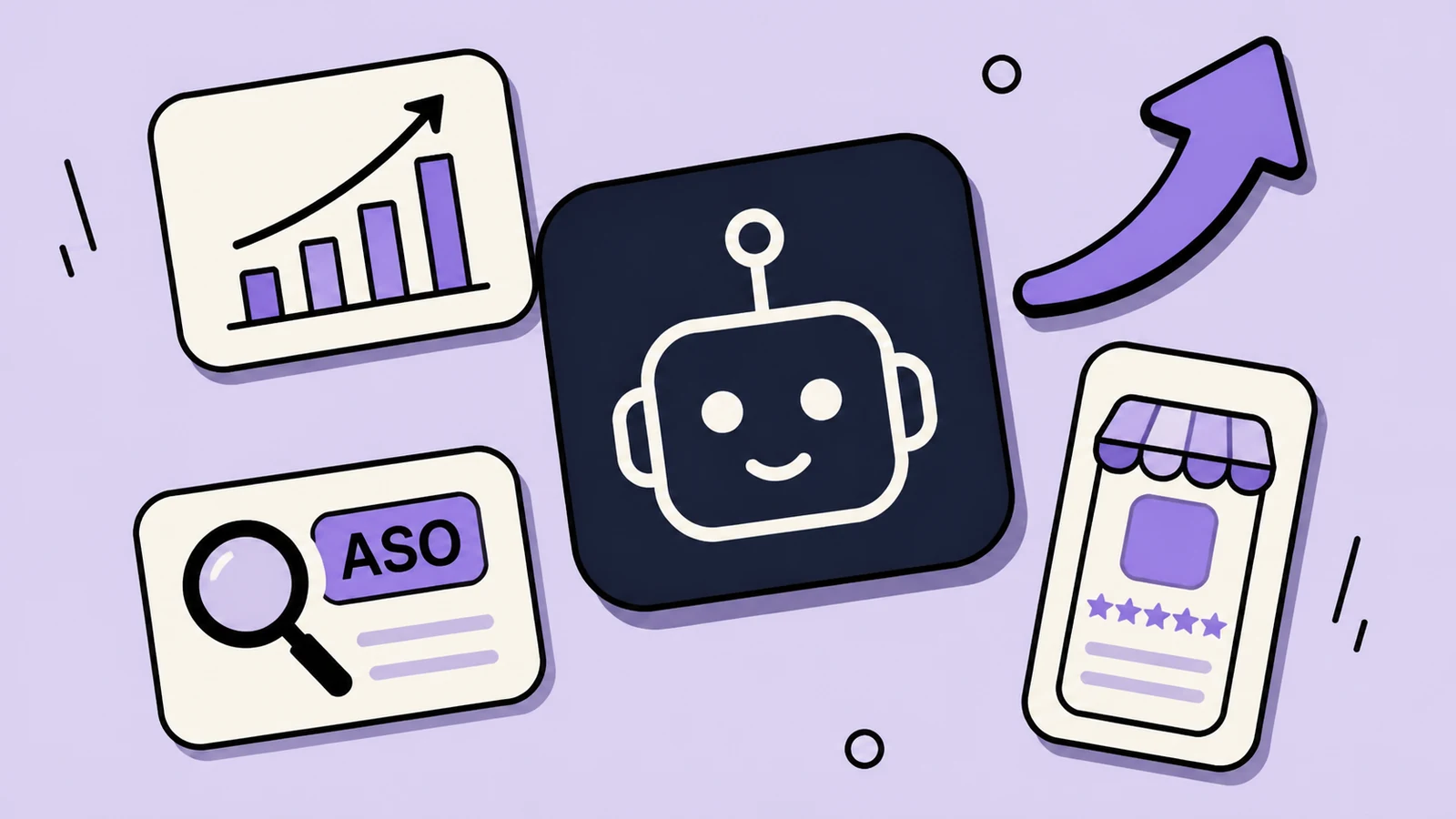 Lavender sticker-collage of Grok Bot ASO with a search tile, ASO pill, KEYWORDS card, and RANK card
