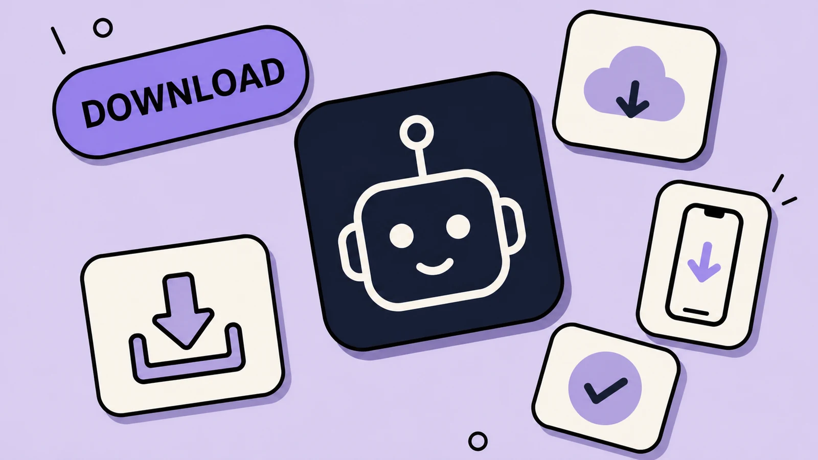 Lavender sticker-collage of Grok Bot download with a device tile, MAC pill, iOS 18 card, and WIN card