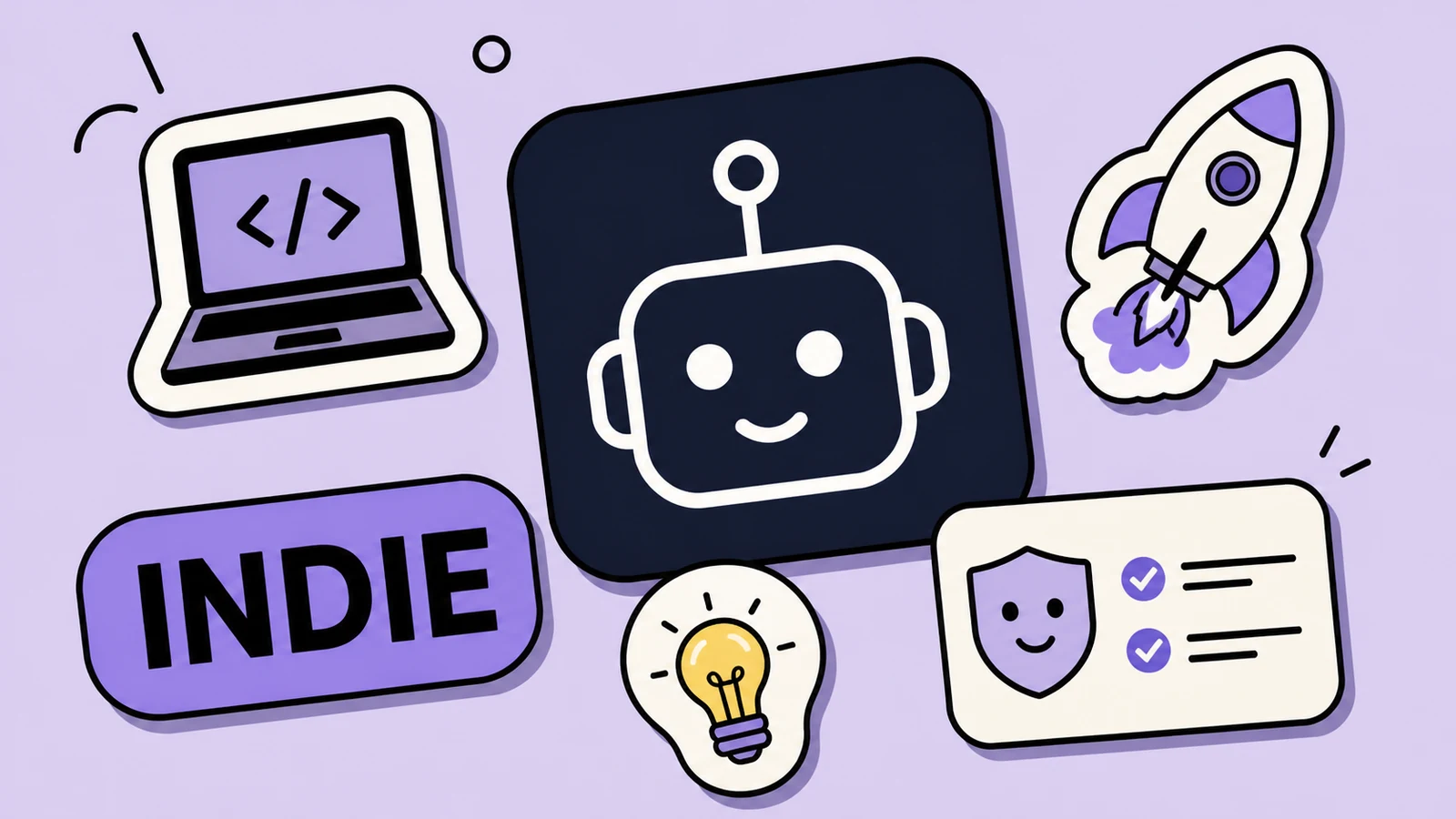 Lavender sticker-collage of Grok Bot for indie developers with a laptop tile, INDIE pill, DEV card, and SHIP card