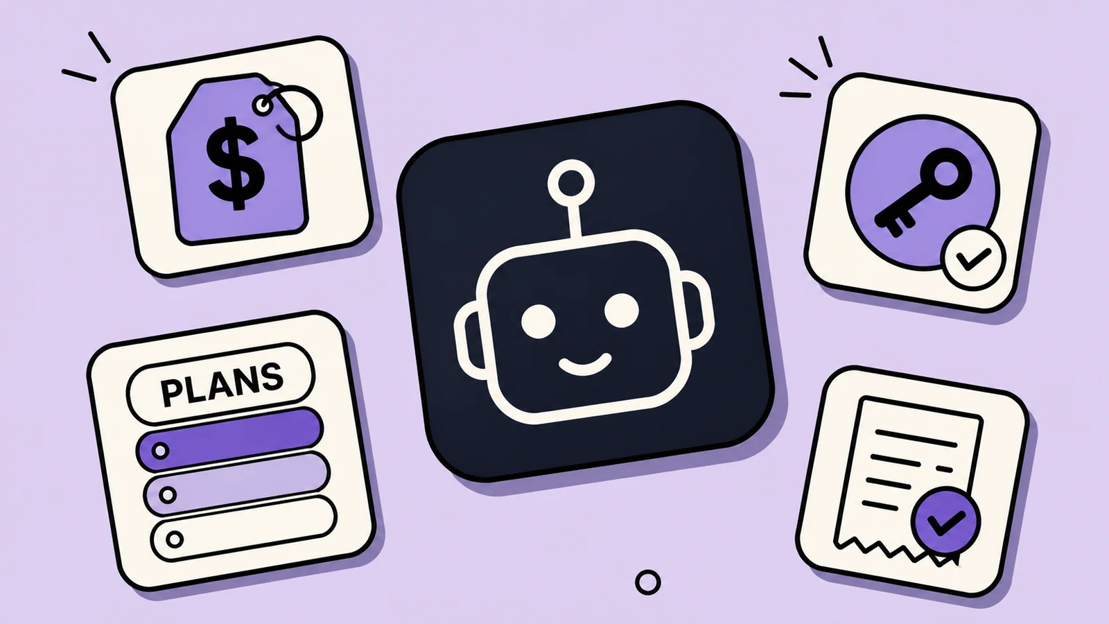 Lavender sticker-collage of Grok Bot pricing with a dollar tile, PLANS pill, PLUS card, and WEEKLY card