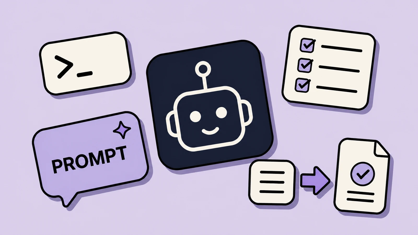 Lavender sticker-collage of Grok Bot prompts with a chat tile, PROMPT pill, ASO card, and 3-7 WORDS card