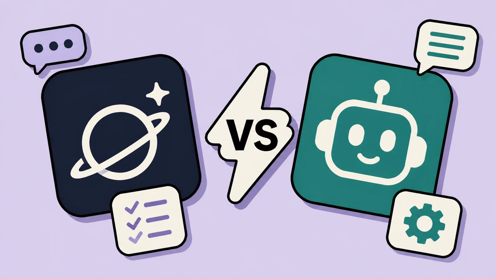 Lavender sticker-collage of Grok Bot vs ChatGPT with a split tile, VS pill, CHAT card, and BOT card