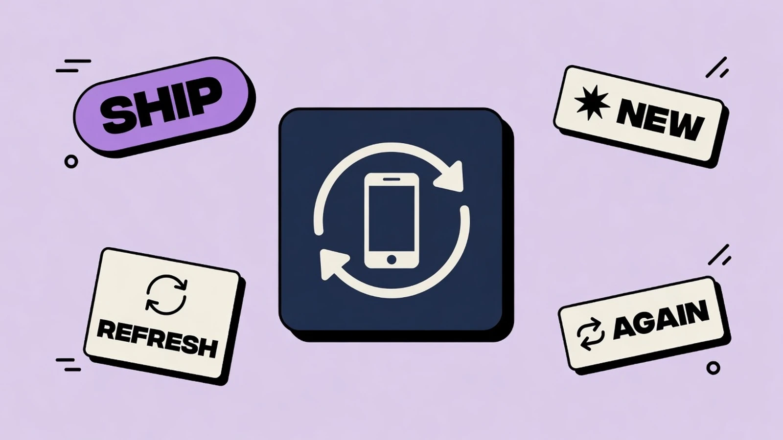 Lavender sticker-collage of App Store screenshot cadence with REFRESH, iOS 26, CONVERSION, SEASON, 2.3, and CADENCE cards