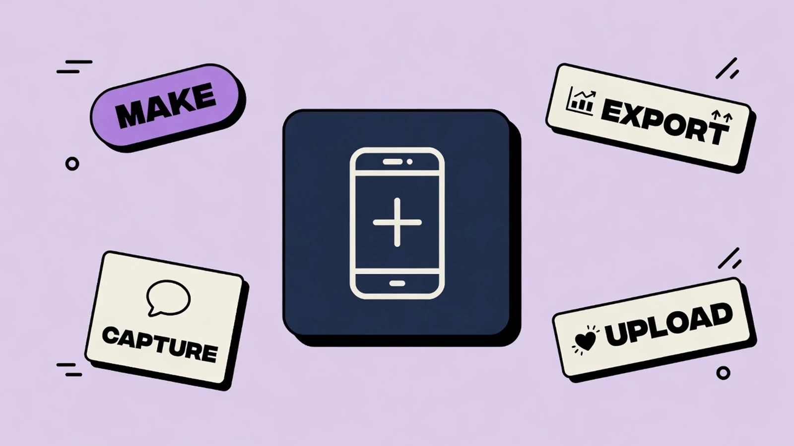 Lavender sticker-collage of making App Store screenshots with CAPTURE, CAPTION, 6.9 INCH, NO ALPHA, and MEDIA MANAGER stickers