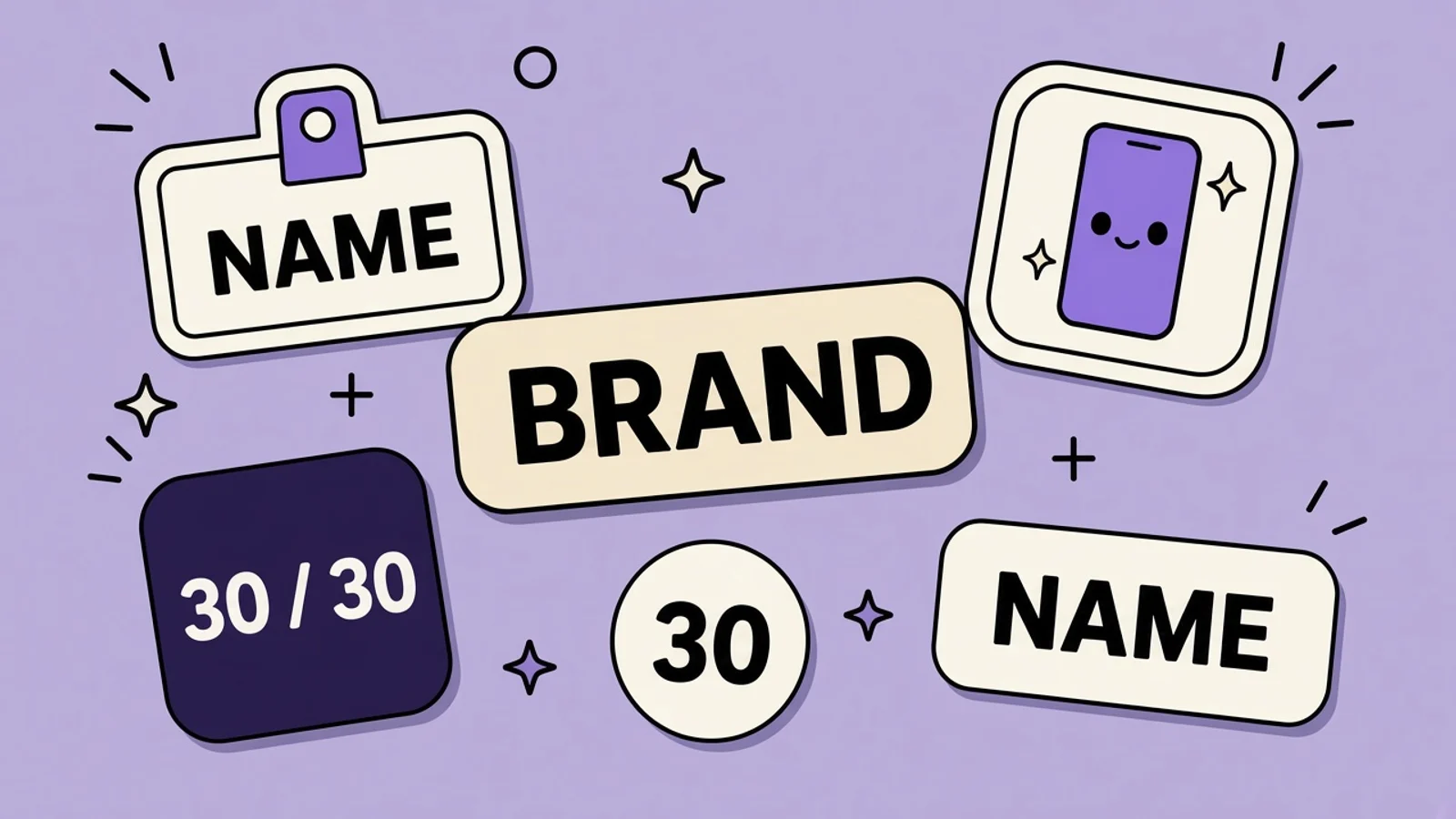 Lavender sticker collage of a split dinner receipt, a 30-character name ruler, and stickers contrasting a short brand with a brand-plus-keyword name