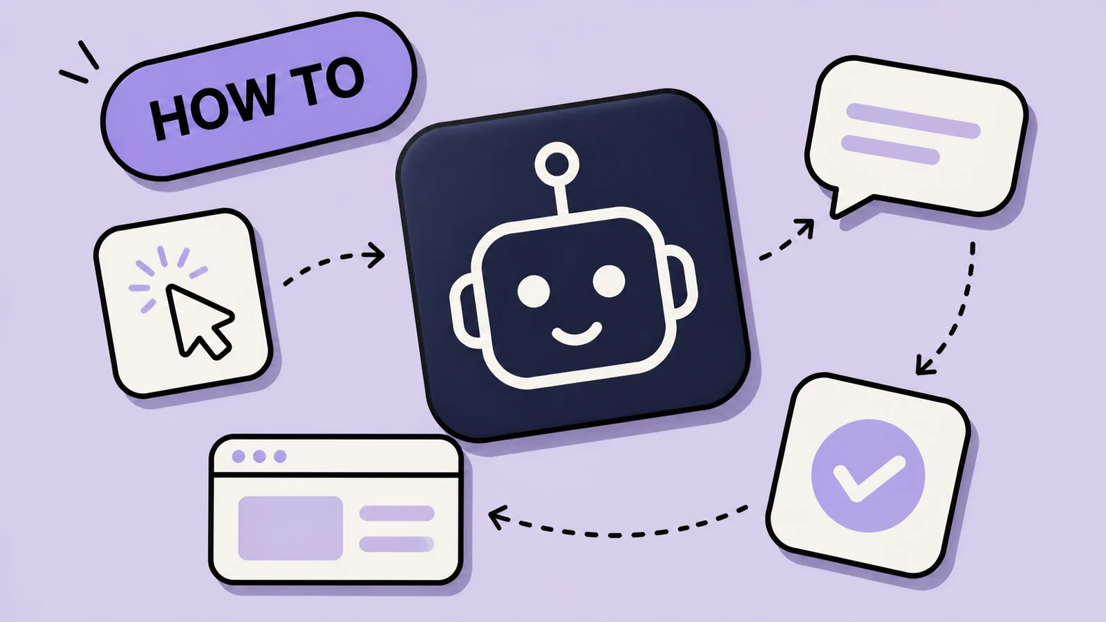 Lavender sticker-collage of how to use Grok Bot with a play tile, FIRST JOB pill, TEACH card, and GO card