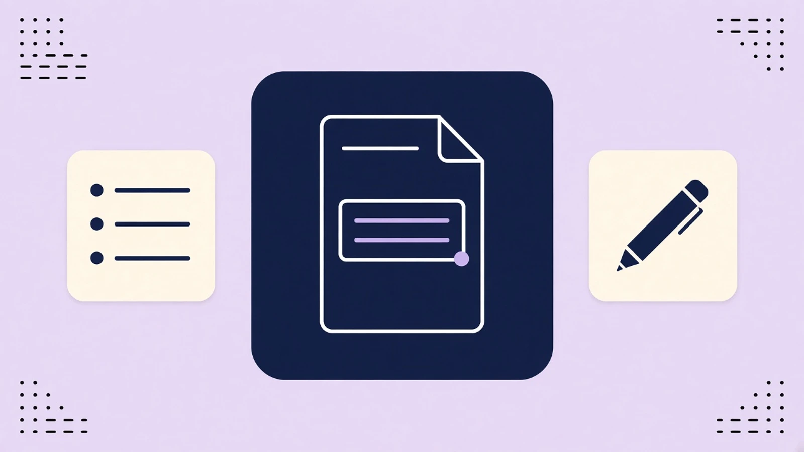 Lavender editorial thumbnail of a document with a highlighted first sentence, bullet list, and pencil