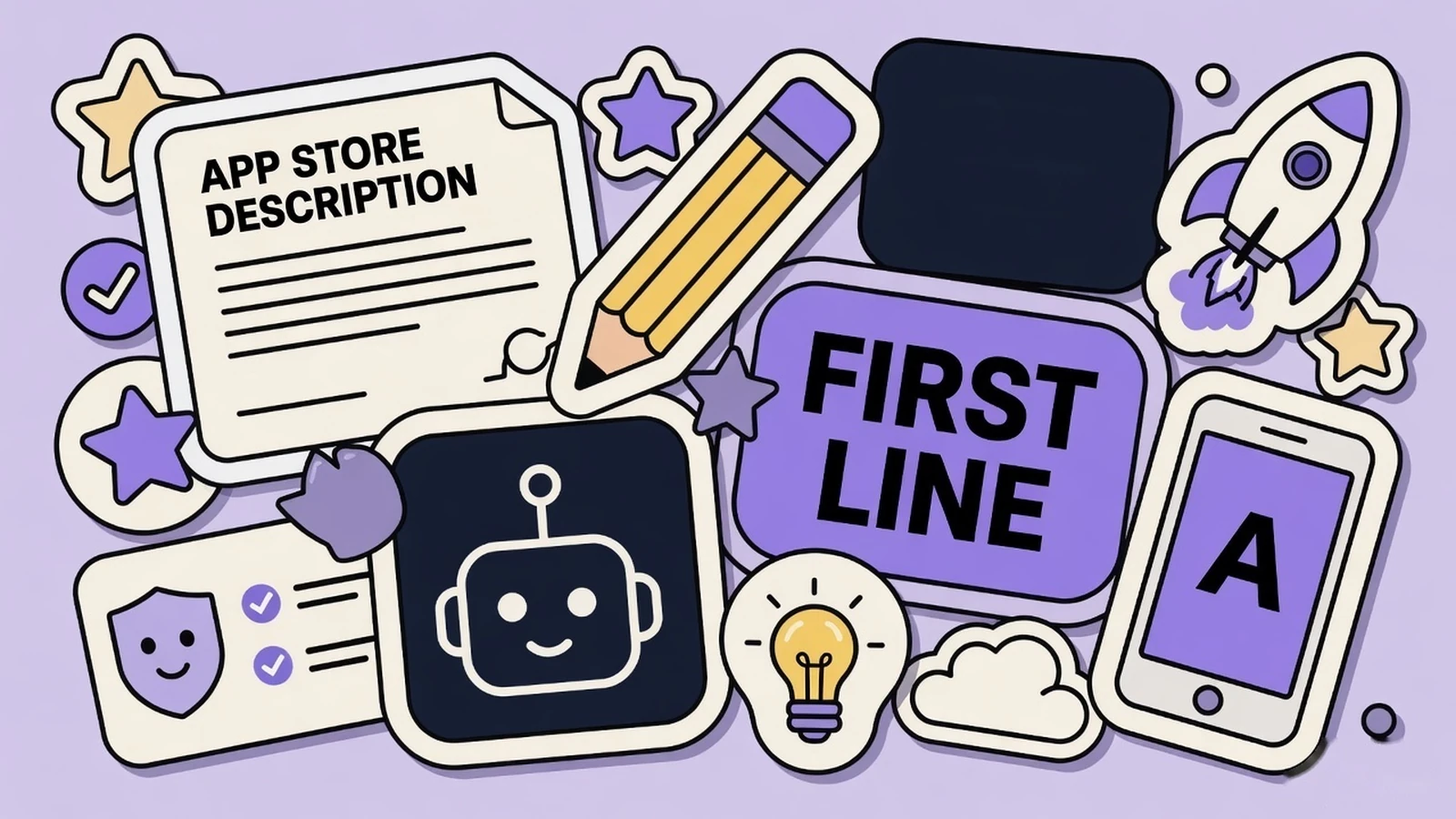 Lavender sticker collage of an App Store description page, a pencil, and a FIRST LINE sticker