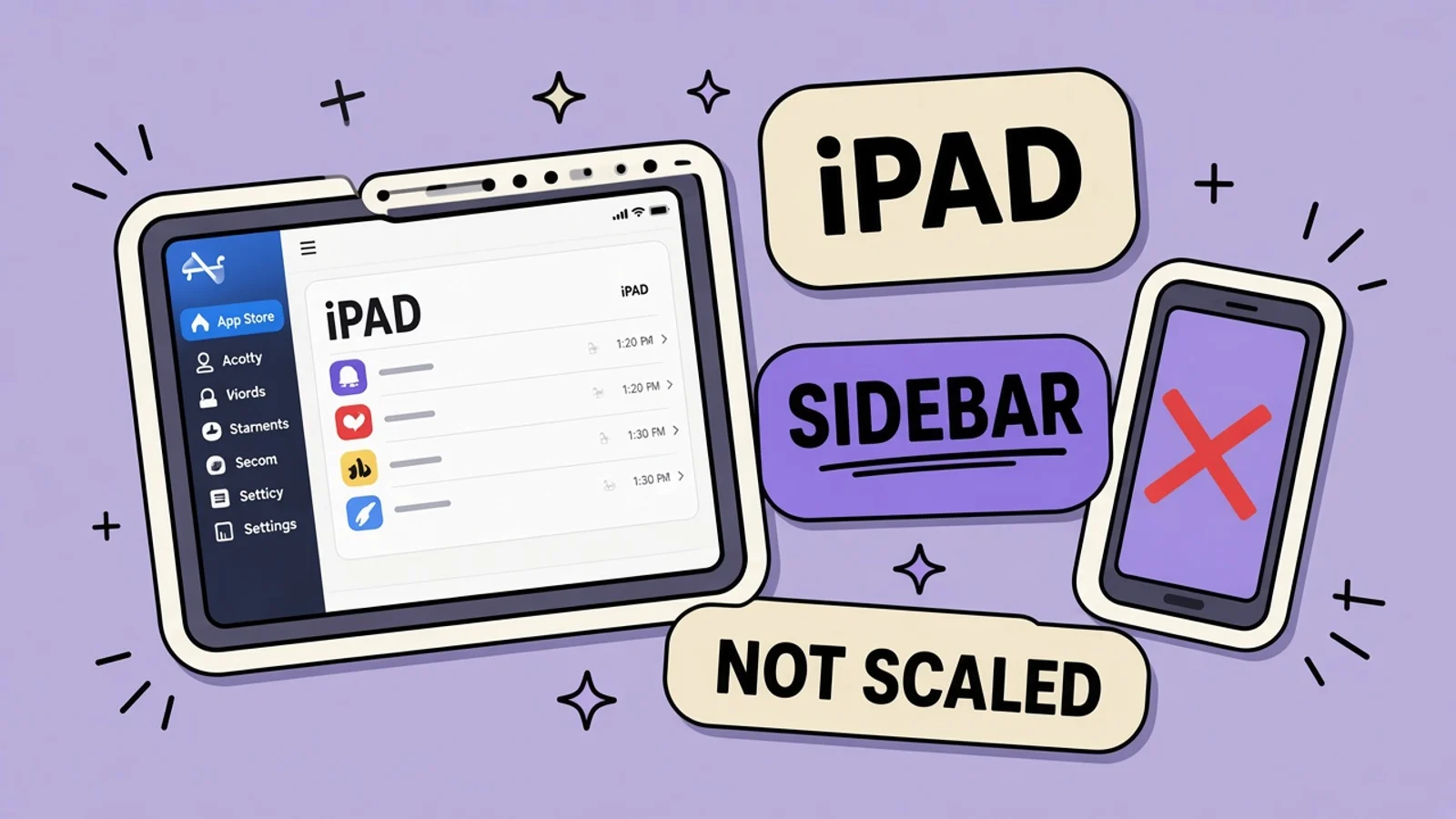 Drawing app on an iPad with a tool sidebar and canvas, contrasted with a phone screenshot dropped in the middle of a tablet frame