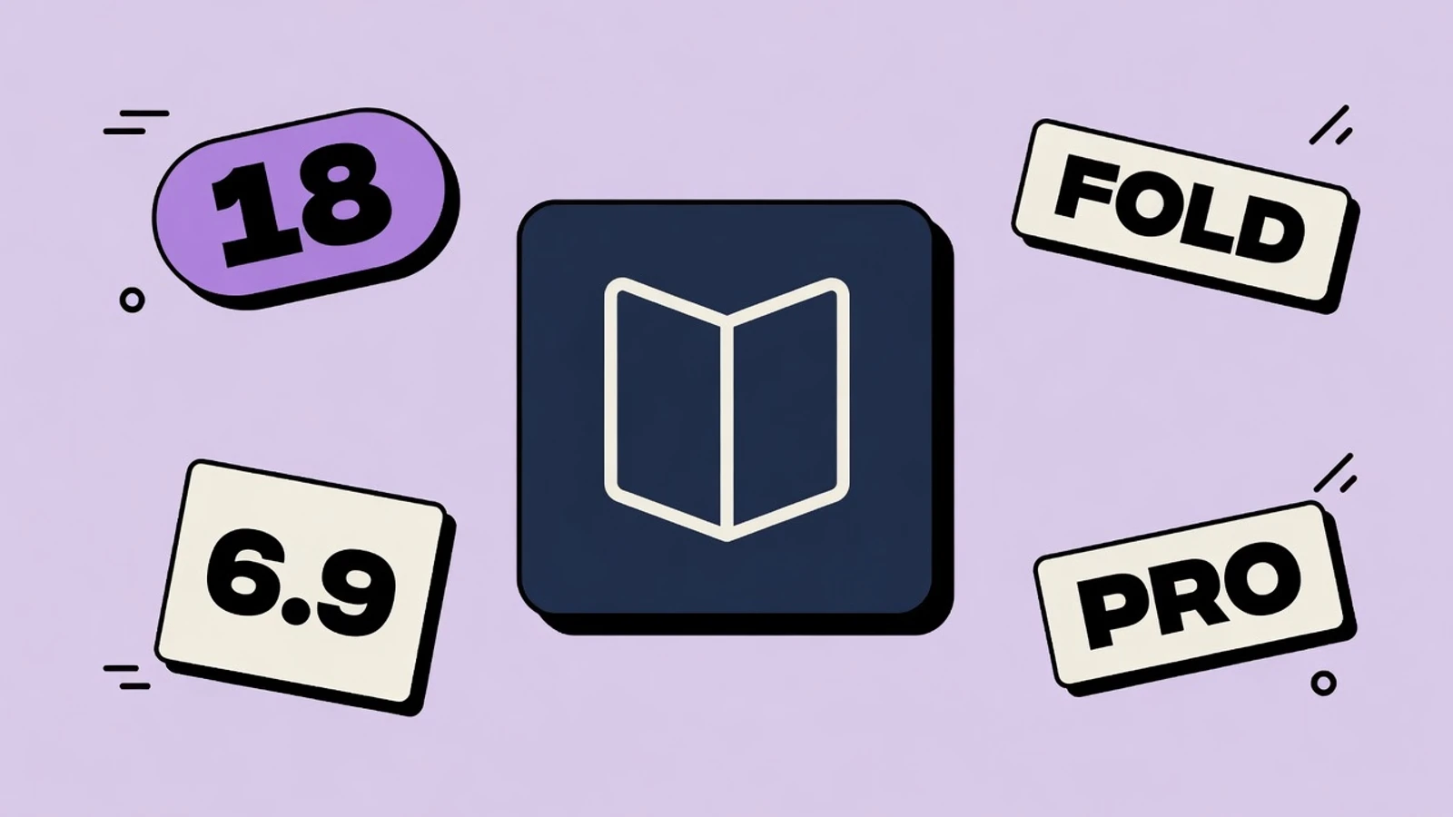 Lavender sticker-collage of iPhone 18 Pro screenshots with 6.9", 6.3", 1320x2868, FOLDABLE, WAIT, and CONNECT cards