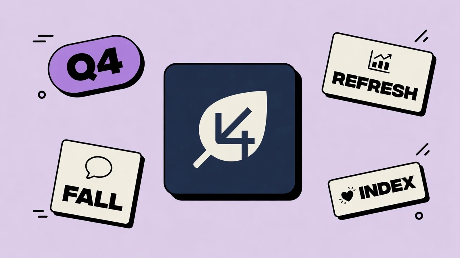 Lavender sticker-collage of Q4 ASO with KEYWORDS, SCREENSHOTS, SEPT, HALLOWEEN, HOLIDAY, and REFRESH cards