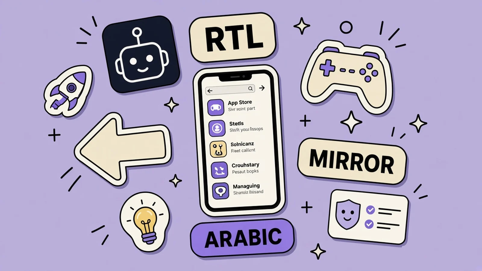 Prayer and qibla app screenshot mirrored for Arabic, with the direction indicator and caption starting from the right