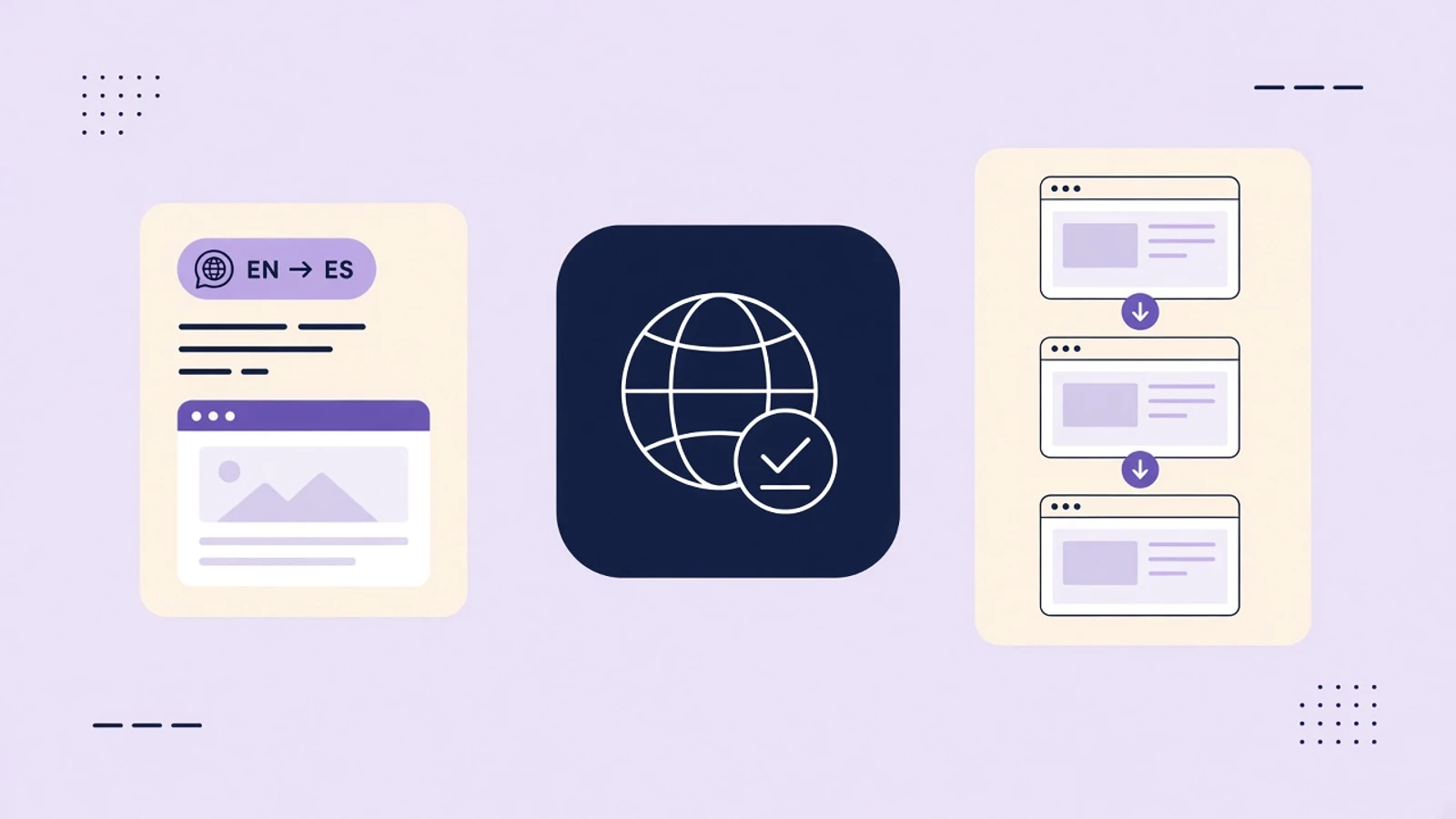 Lavender editorial thumbnail of a globe with a save check, a locale card, and stacked screenshot frames