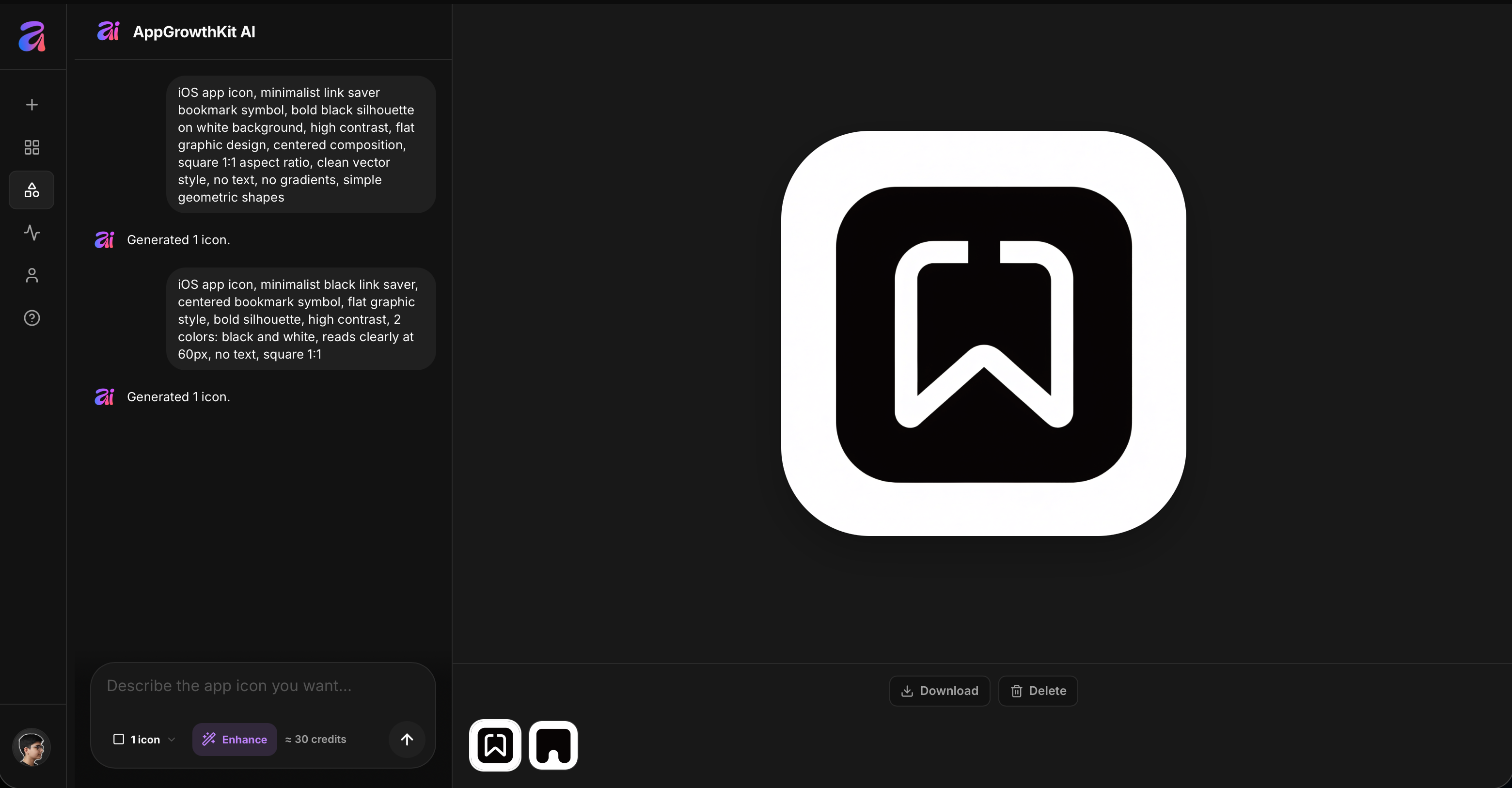 App Icon Generator workspace with a generated bookmark app icon